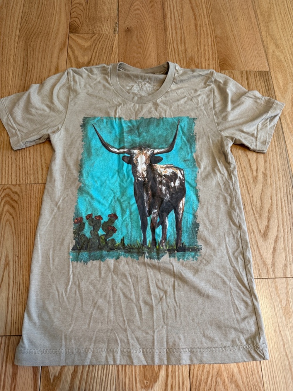 Crazy Train Longhorn Graphic Tee in Tan with Turquoise Print